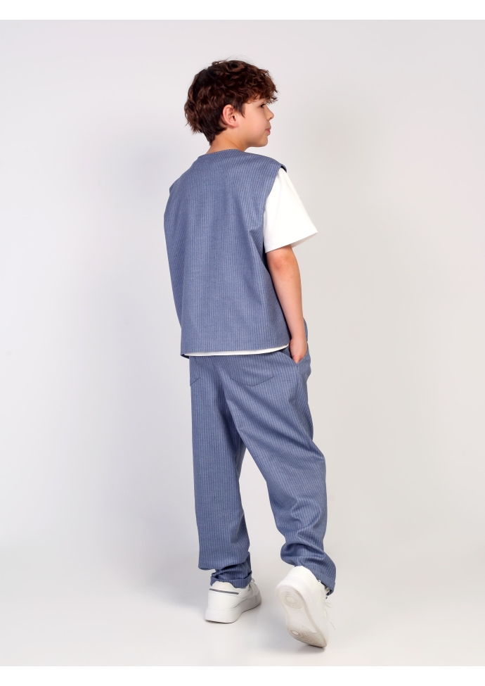 Детский костюм для мальчика голубой в полоску: жилет и брюки свободного кроя, стильный комплект Nino Kids KCN0953 