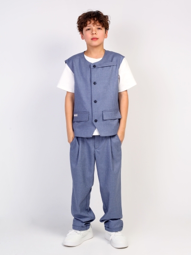 Детский костюм для мальчика голубой в полоску: жилет и брюки свободного кроя, стильный комплект Nino Kids KCN0953 Детский костюм для мальчика голубой в полоску: жилет и брюки свободного кроя, стильный комплект Nino Kids KCN0953
