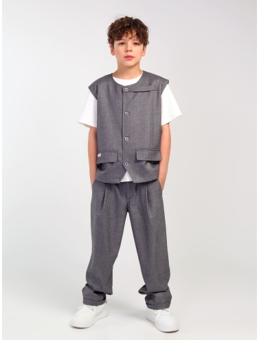 Детский костюм для мальчика серый в полоску: жилет и брюки свободного кроя, стильный комплект Nino Kids KCN0954 