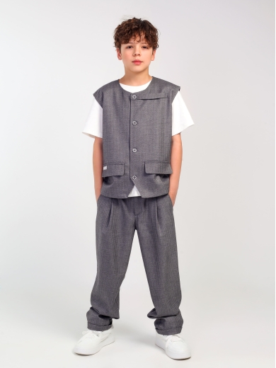 Детский костюм для мальчика серый в полоску: жилет и брюки свободного кроя, стильный комплект Nino Kids KCN0954 Детский костюм для мальчика серый в полоску: жилет и брюки свободного кроя, стильный комплект Nino Kids KCN0954