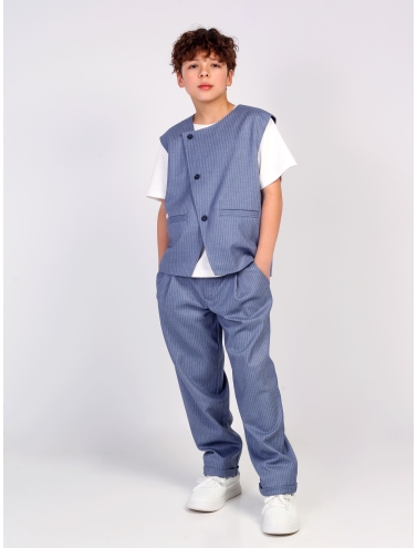 Детский костюм для мальчика голубой в полоску: жилет и брюки свободного кроя, стильный комплект Nino Kids KCN0956 