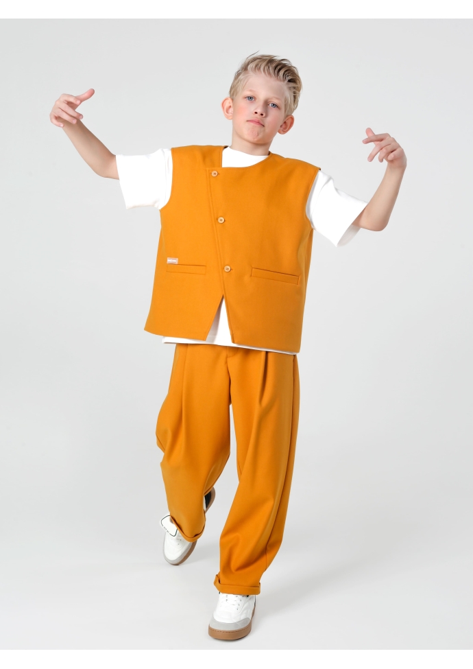 Детский костюм для мальчика горчичный: жилет и брюки свободного кроя, стильный комплект Nino Kids KCN0958