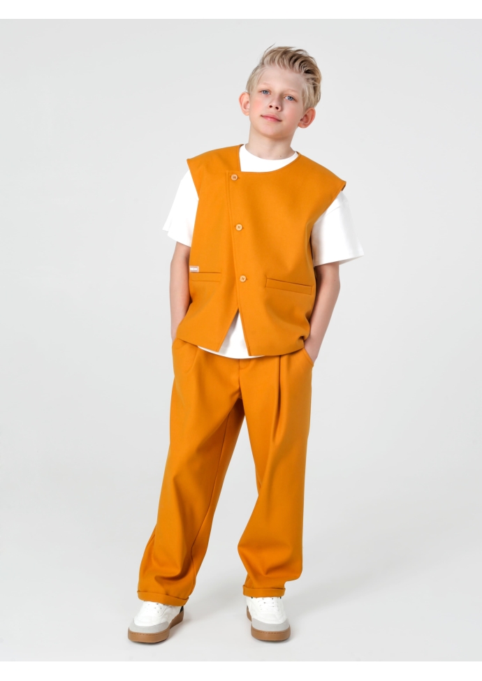 Детский костюм для мальчика горчичный: жилет и брюки свободного кроя, стильный комплект Nino Kids KCN0958