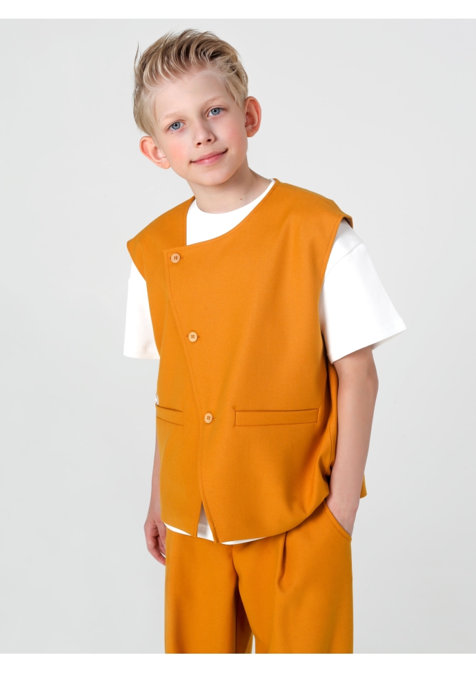 Детский костюм для мальчика горчичный: жилет и брюки свободного кроя, стильный комплект Nino Kids KCN0958
