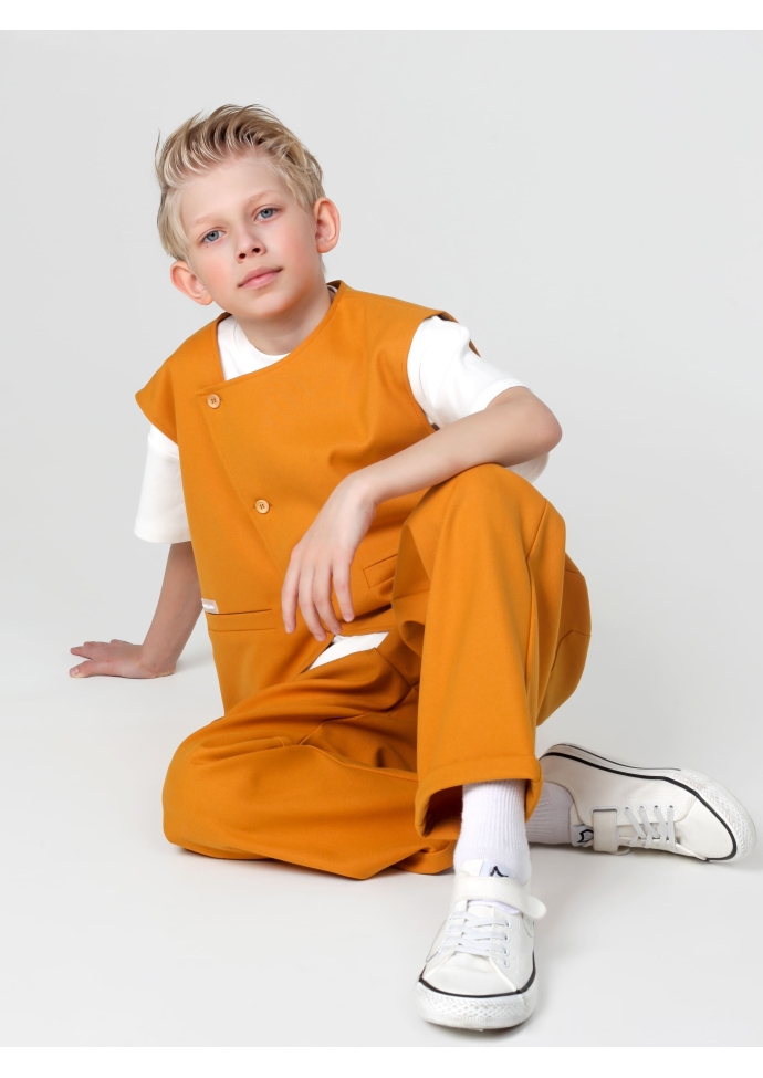 Детский костюм для мальчика горчичный: жилет и брюки свободного кроя, стильный комплект Nino Kids KCN0958
