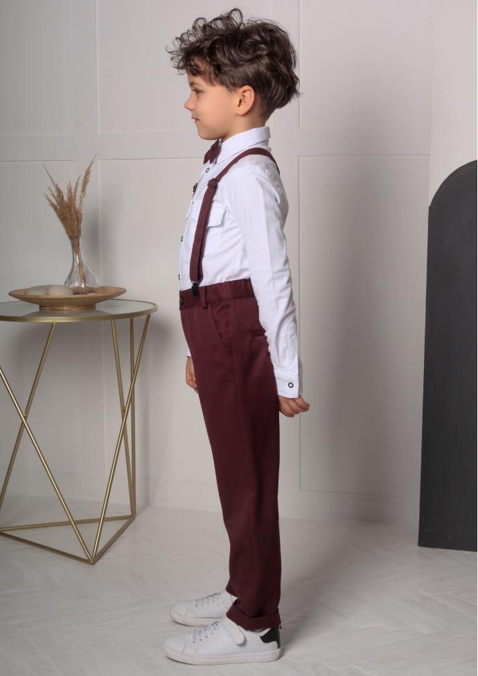 Купить брюки для мальчика с подтяжками бордовые nino441 в интернет магазинедетской одежды Nino kids
